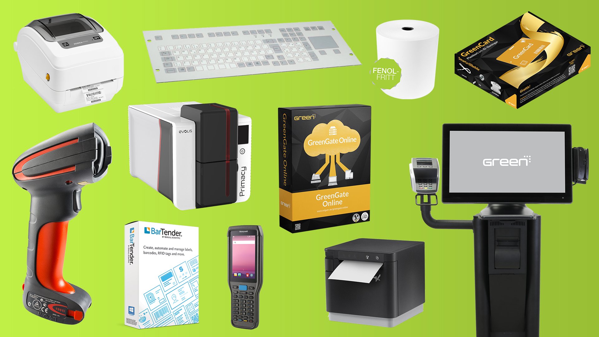 Bild på produkter i utbudet från Origum Distribution såsom streckkodsläsare, kvittoskrivare, pekskärmar, handdatorer m.m.