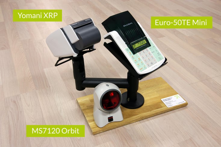 Yomani XRP från Verifone, Euro-50TE Mini från Elcom, SpacePole från Ergonomic Solutions samt MS7120 Orbit från Honeywell