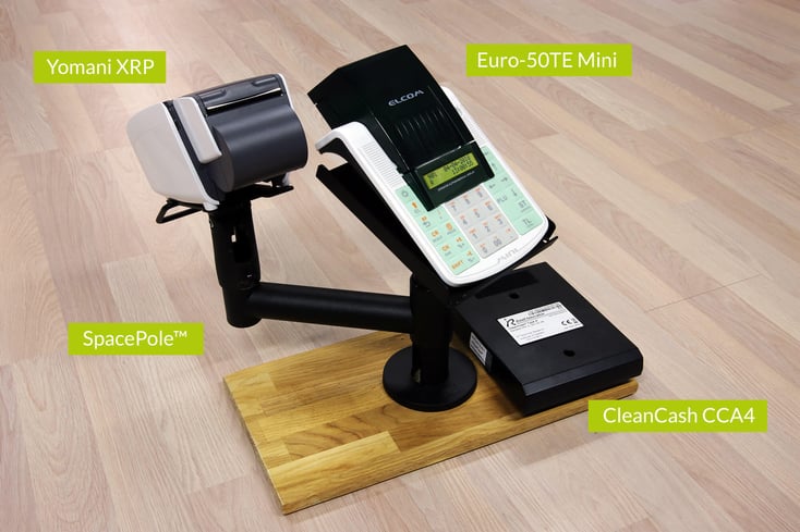 Yomani XRP från Verifone, Euro-50TE Mini från Elcom, SpacePole från Ergonomic Solutions samt CleanCash CCA4 från Retail Innovation