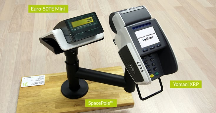 Yomani XRP från Verifone, Euro-50TE Mini från Elcom samt SpacePole från Ergonomic Solutions