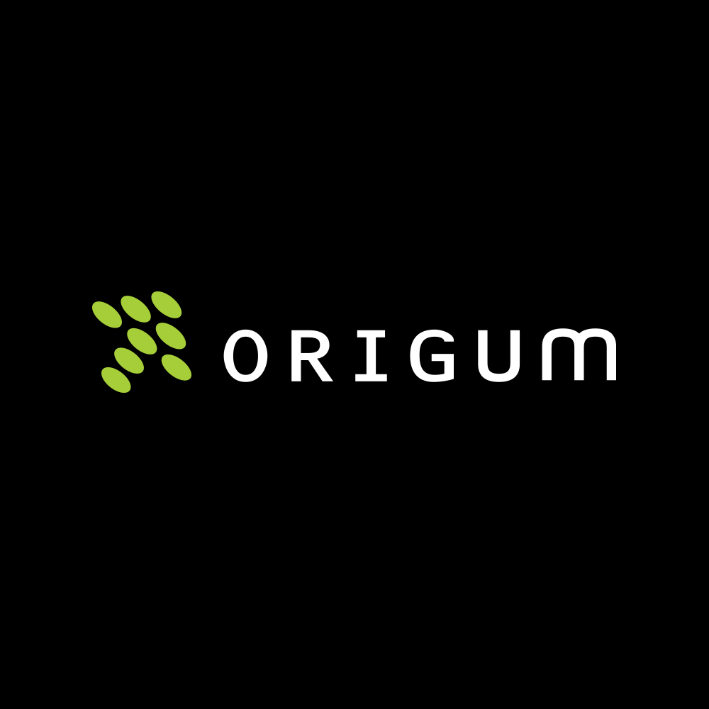 Negativ grön-vit logotyp för Origum Distribution