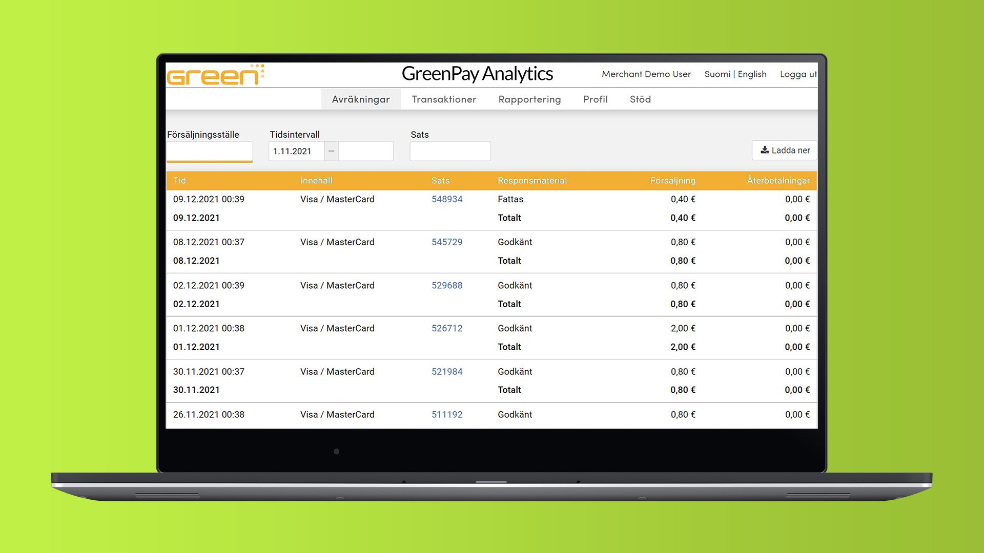 Skärmbild av GreenPay Analytics på en laptop