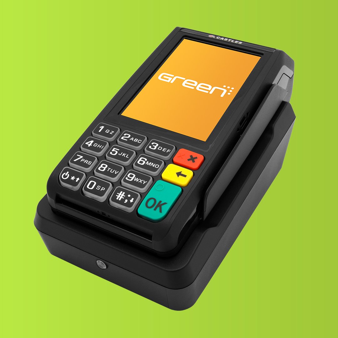 Produktbild av GreenPay Mobile 2000 och dockningsstation från snett ovanifrån