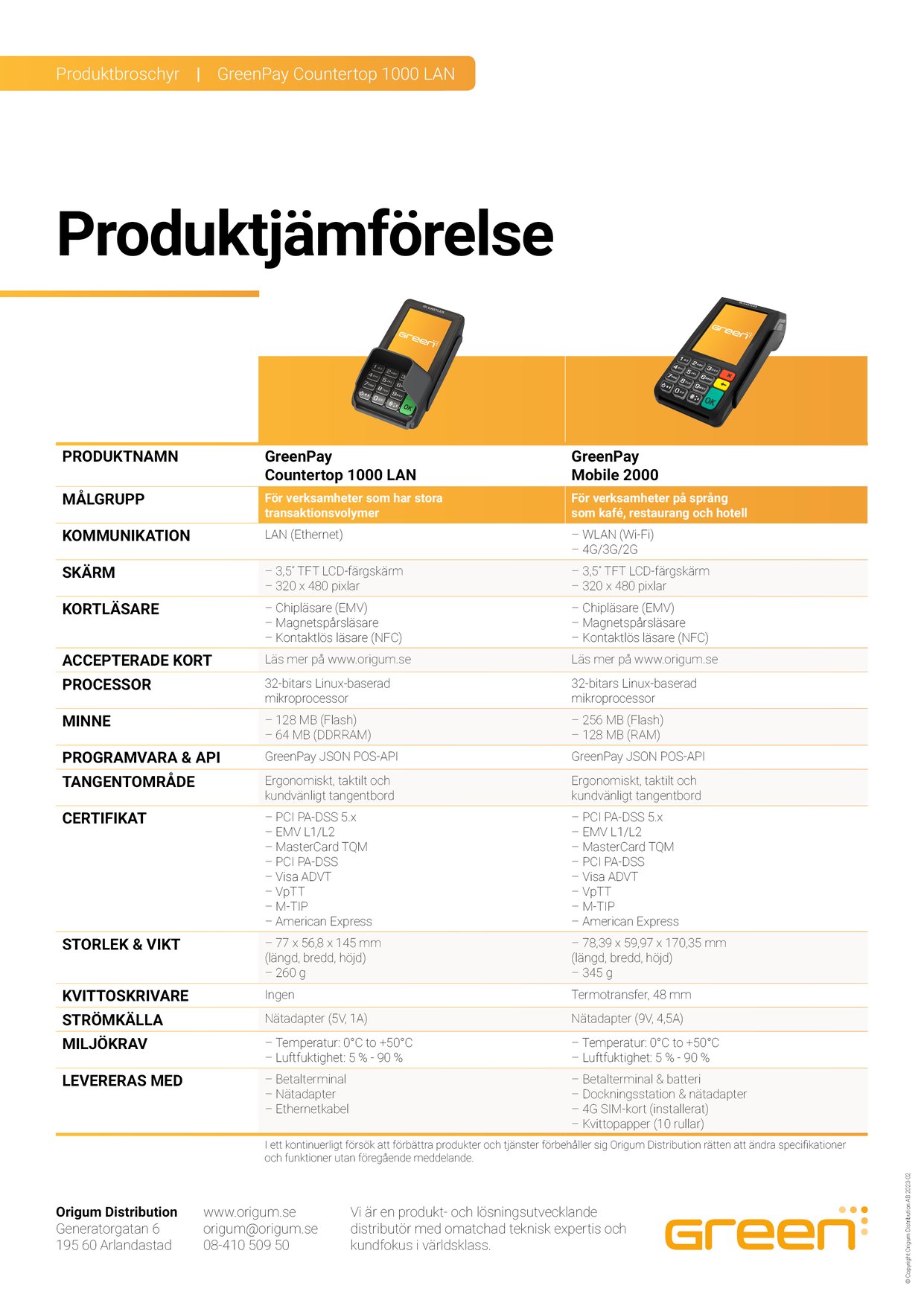 Produktbroschyr med produktjämförelse för fysiska GreenPay-betalterminaler
